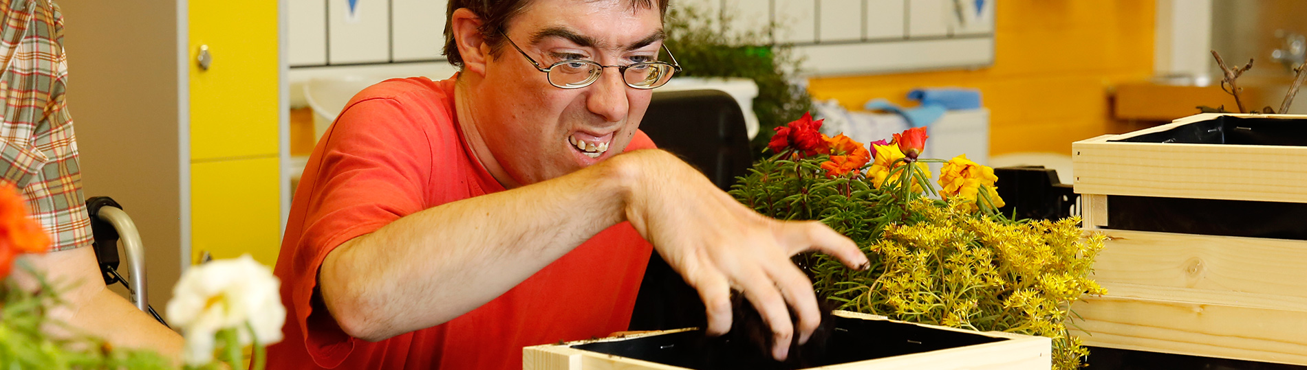 2110-Arbeit-Plus-06 Beschäftigter pflanzt Blumen in der Arbeit Plus